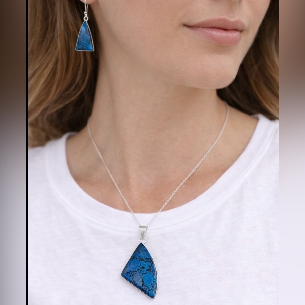 New Royal Blue Sea sediment jasper in Silver Jewelry Set Earrings and Pendant